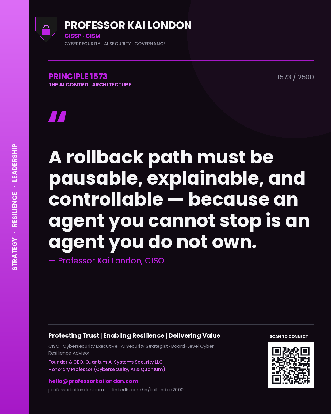 Quote card by Professor Kai London reading 'A rollback path must be pausable, explainable, and controllable — because an agent you cannot stop is an agent you do not own.'. From the book The AI Control Architecture.