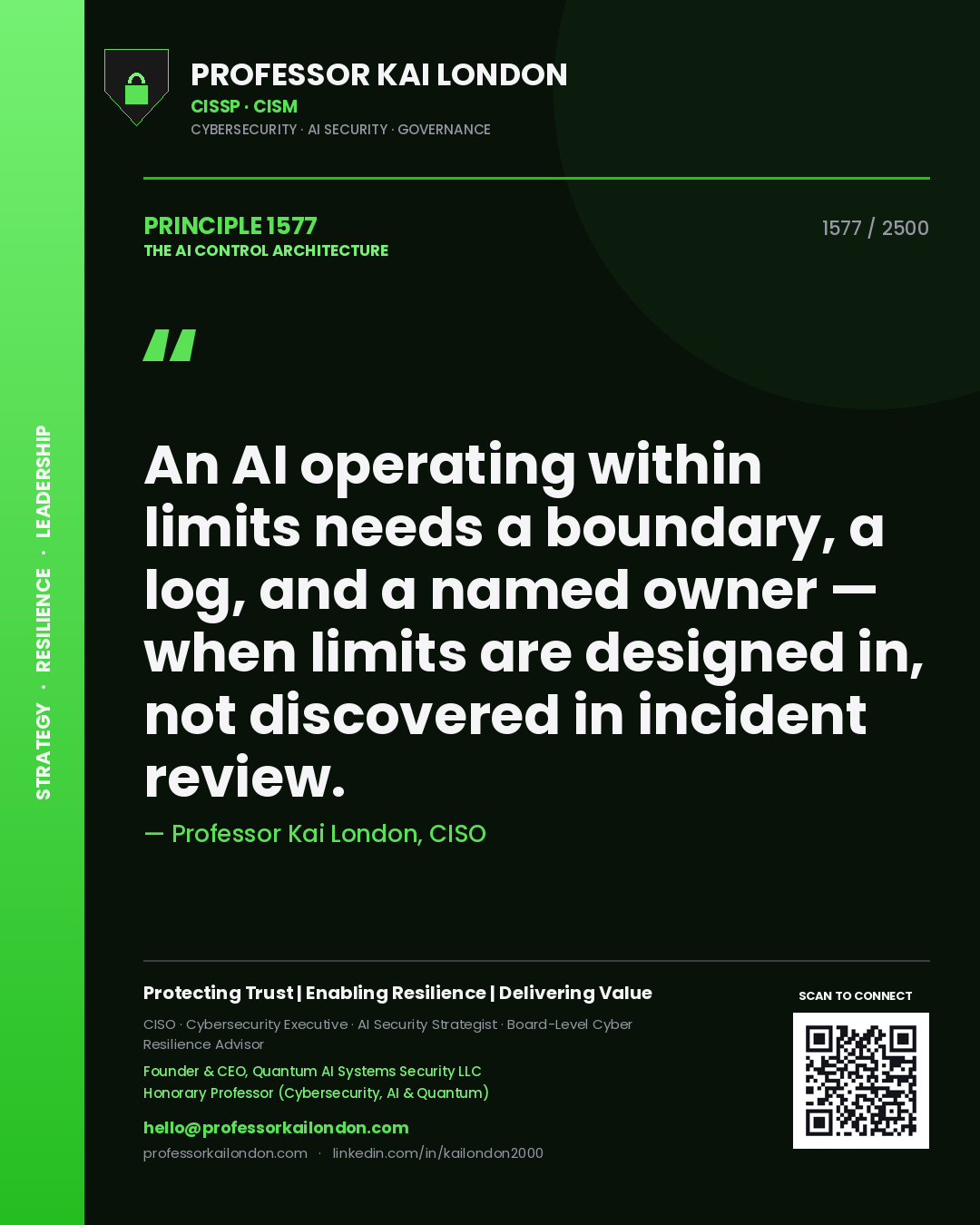 Quote card by Professor Kai London reading 'An AI operating within limits needs a boundary, a log, and a named owner — when limits are designed in, not discovered in incident review.'. From the book The AI Control Architecture.