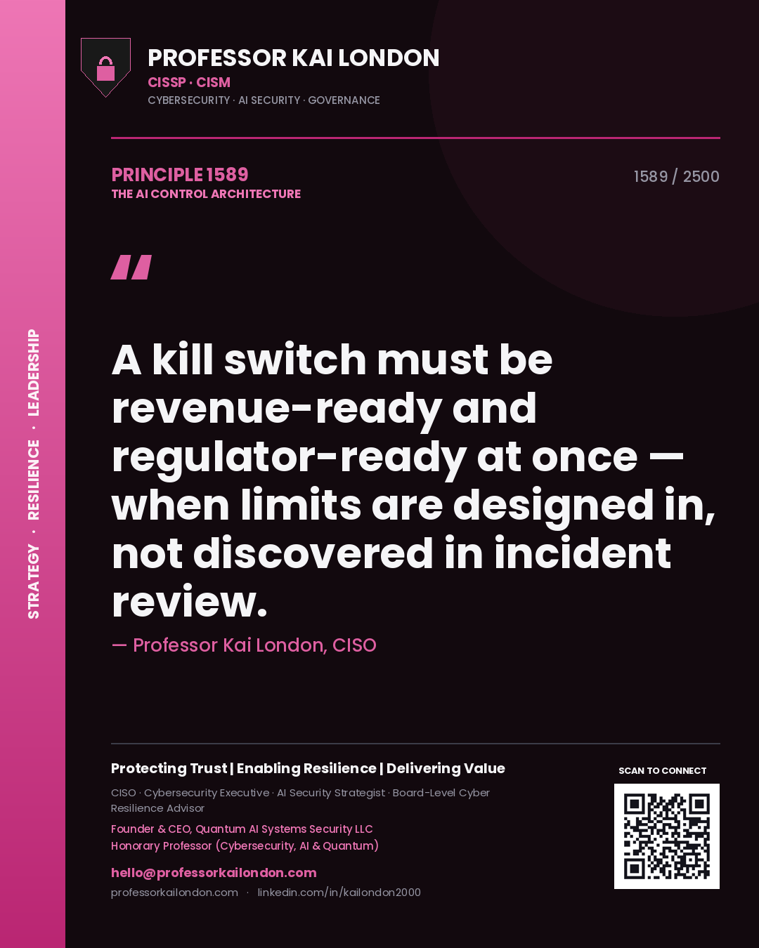 Quote card by Professor Kai London reading 'A kill switch must be revenue-ready and regulator-ready at once — when limits are designed in, not discovered in incident review.'. From the book The AI Control Architecture.