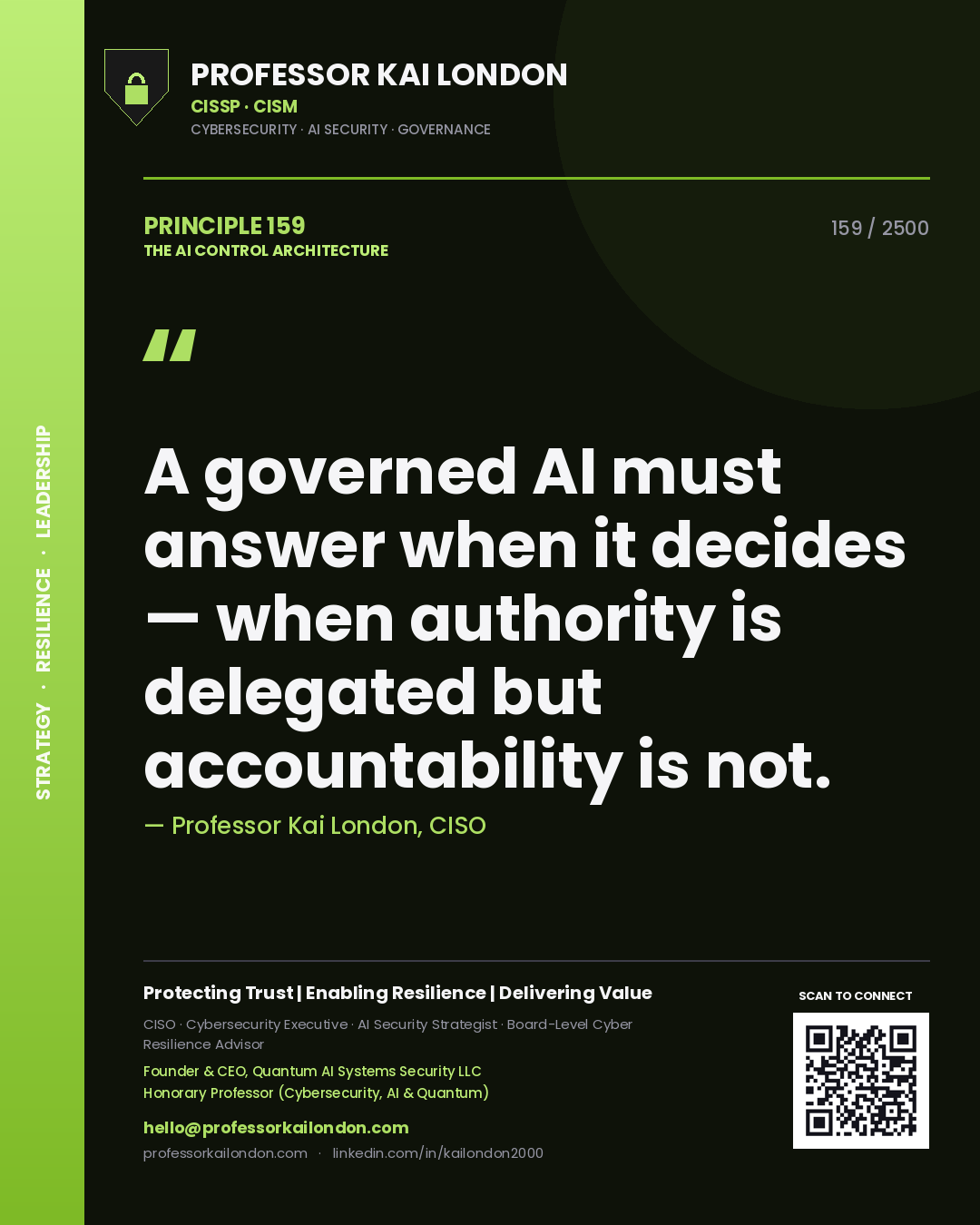 Quote card by Professor Kai London reading 'A governed AI must answer when it decides — when authority is delegated but accountability is not.'. From the book The AI Control Architecture.
