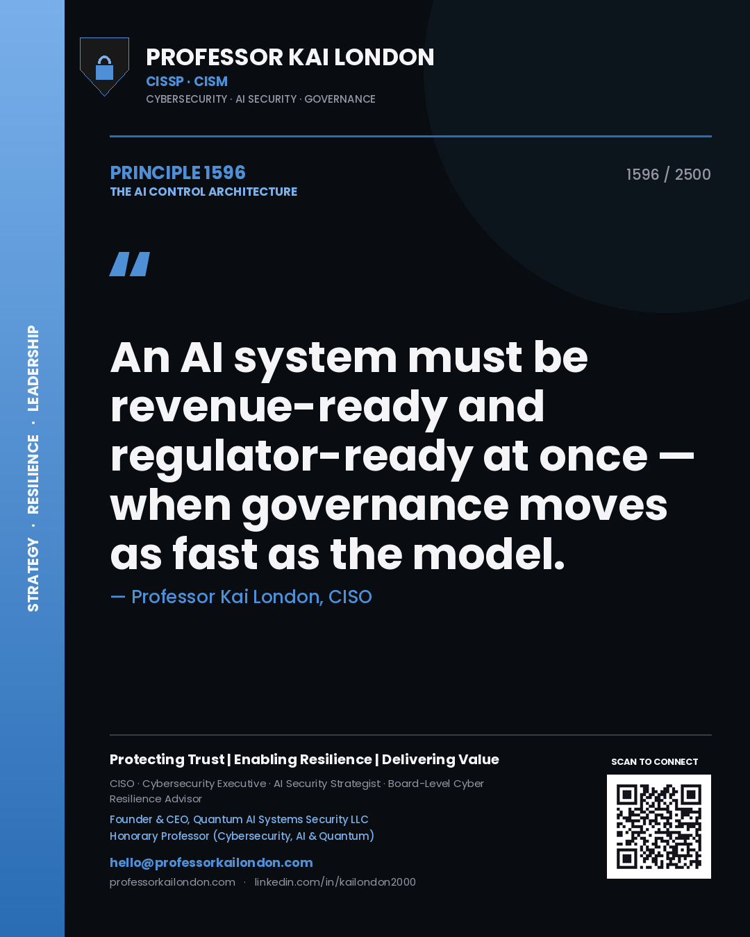 Quote card by Professor Kai London reading 'An AI system must be revenue-ready and regulator-ready at once — when governance moves as fast as the model.'. From the book The AI Control Architecture.