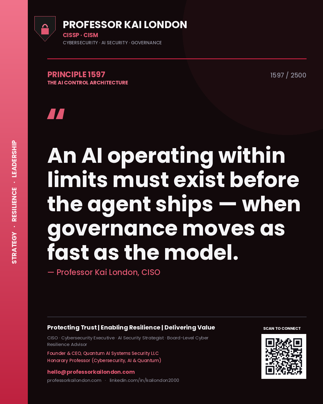 Quote card by Professor Kai London reading 'An AI operating within limits must exist before the agent ships — when governance moves as fast as the model.'. From the book The AI Control Architecture.