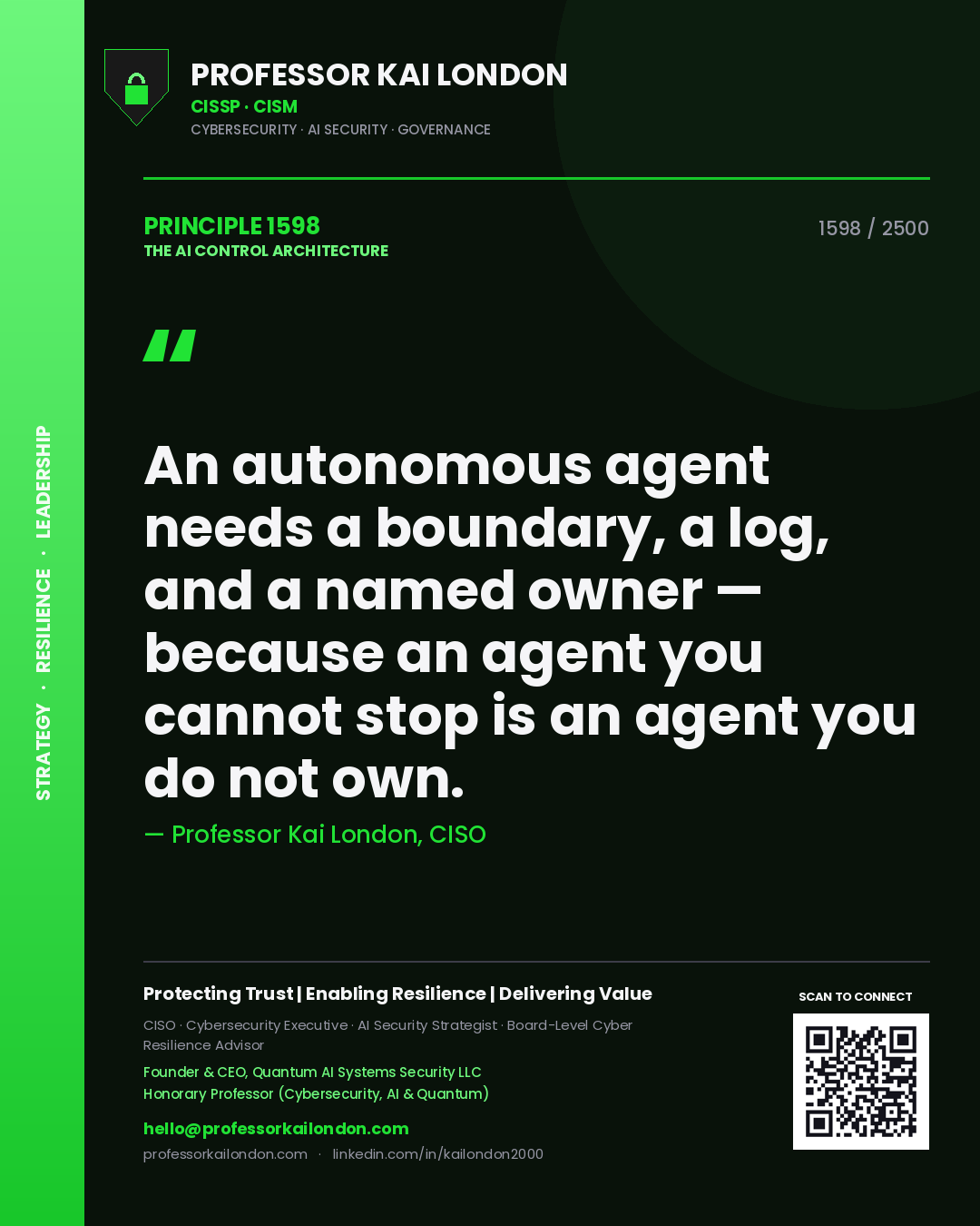 Quote card by Professor Kai London reading 'An autonomous agent needs a boundary, a log, and a named owner — because an agent you cannot stop is an agent you do not own.'. From the book The AI Control Architecture.