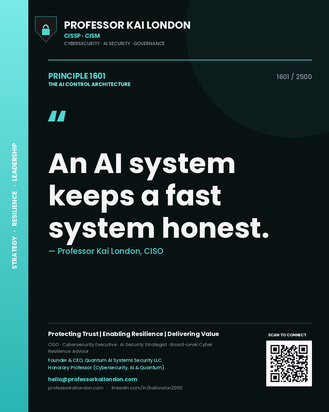 Quote card by Professor Kai London reading 'An AI system keeps a fast system honest.'. From the book The AI Control Architecture.