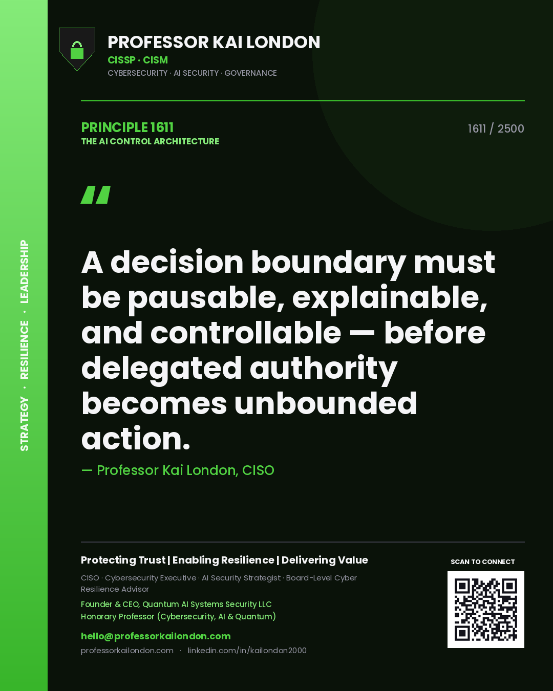 Quote card by Professor Kai London reading 'A decision boundary must be pausable, explainable, and controllable — before delegated authority becomes unbounded action.'. From the book The AI Control Architecture.