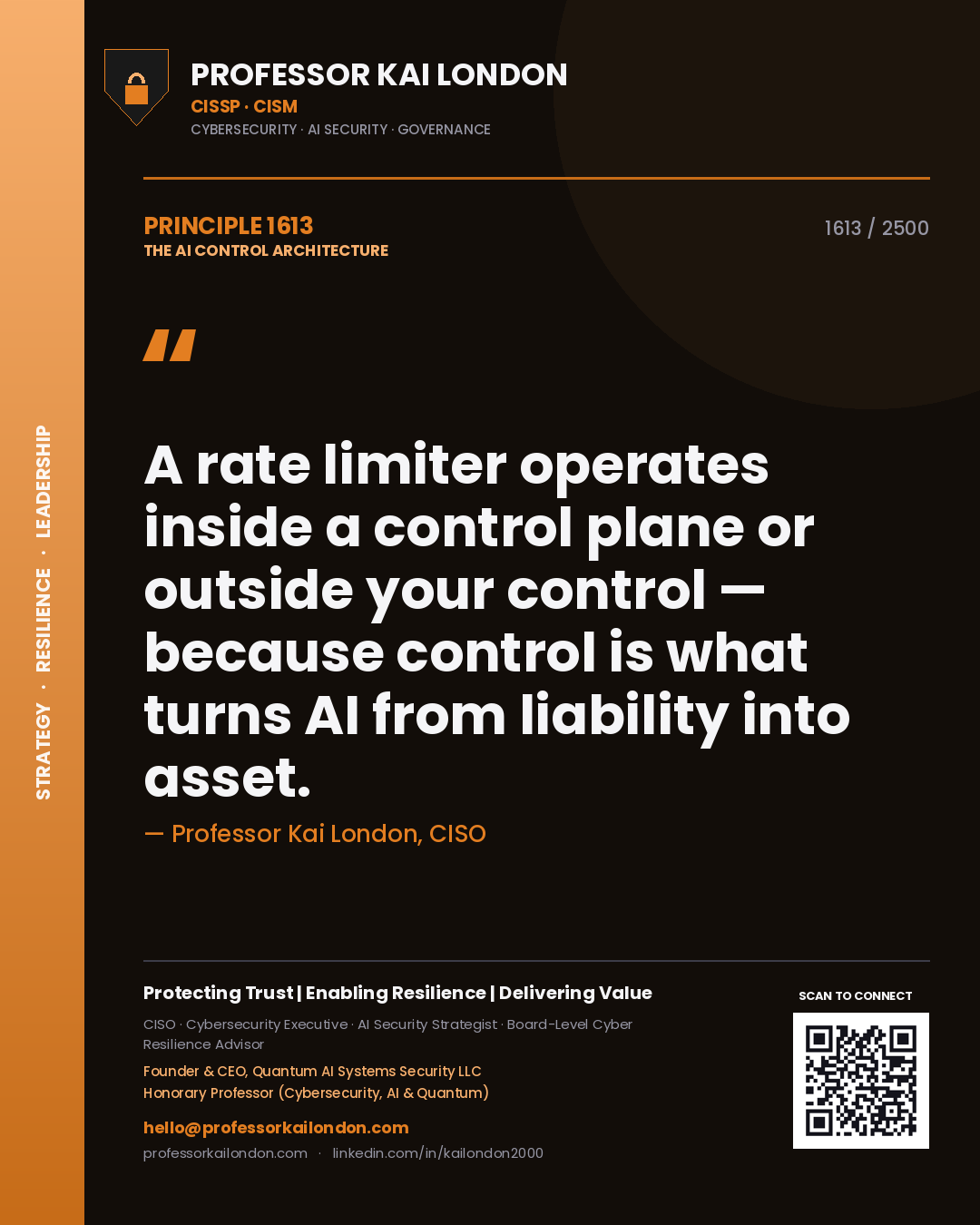 Professor Kai London principle 1613: A rate limiter operates inside a control plane or outside your control — because control is what turns AI from liability into asset.