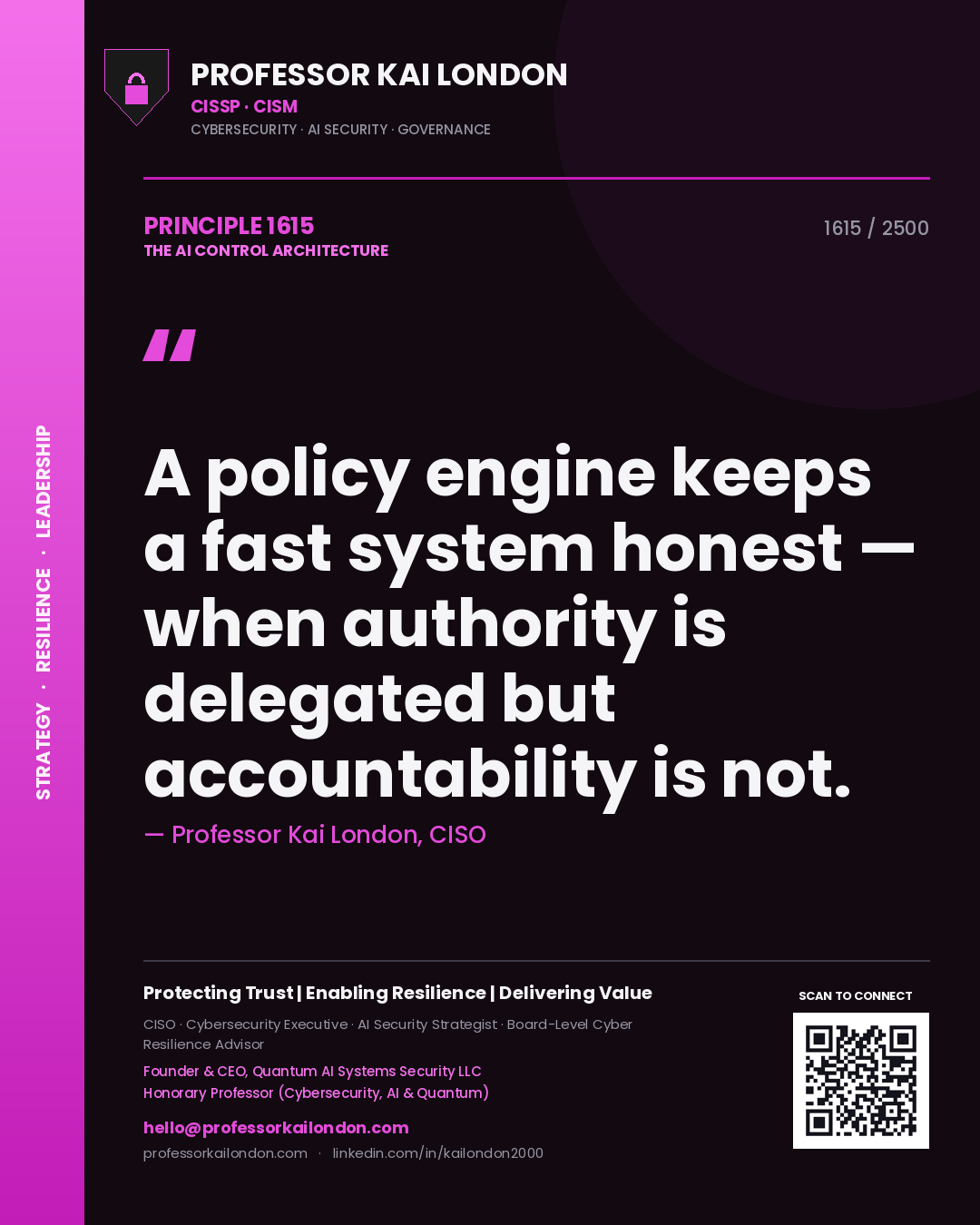 Professor Kai London principle 1615: A policy engine keeps a fast system honest — when authority is delegated but accountability is not.
