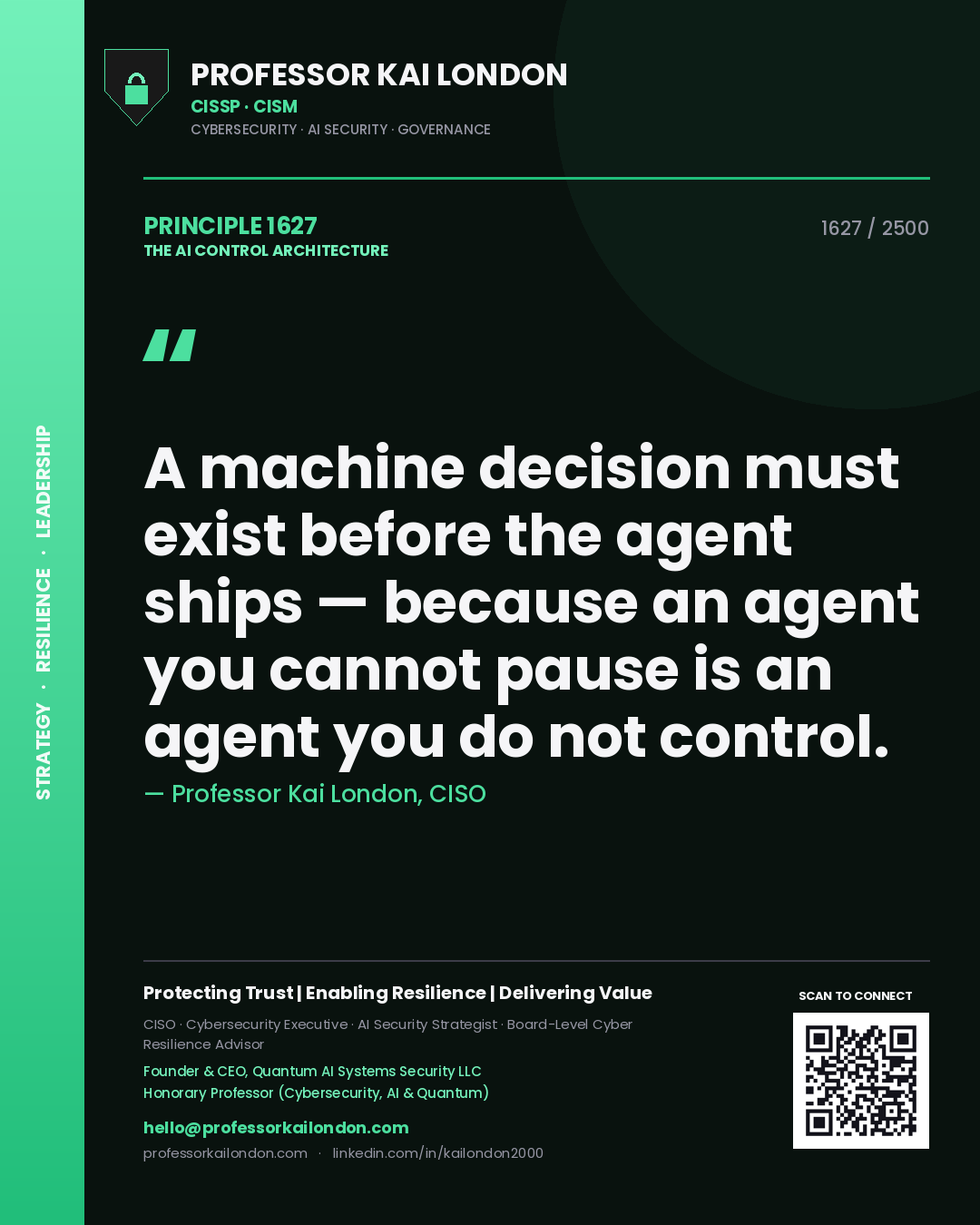 Quote card by Professor Kai London reading 'A machine decision must exist before the agent ships — because an agent you cannot pause is an agent you do not control.'. From the book The AI Control Architecture.