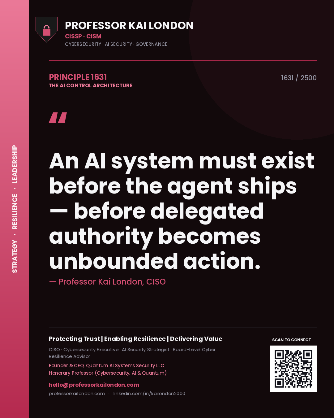 Quote card by Professor Kai London reading 'An AI system must exist before the agent ships — before delegated authority becomes unbounded action.'. From the book The AI Control Architecture.