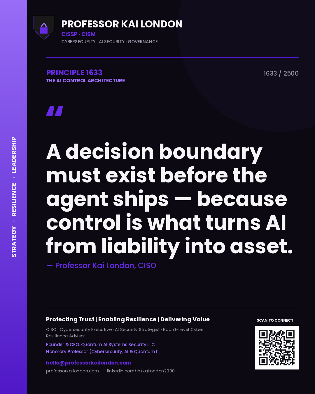 Professor Kai London principle 1633: A decision boundary must exist before the agent ships — because control is what turns AI from liability into asset.