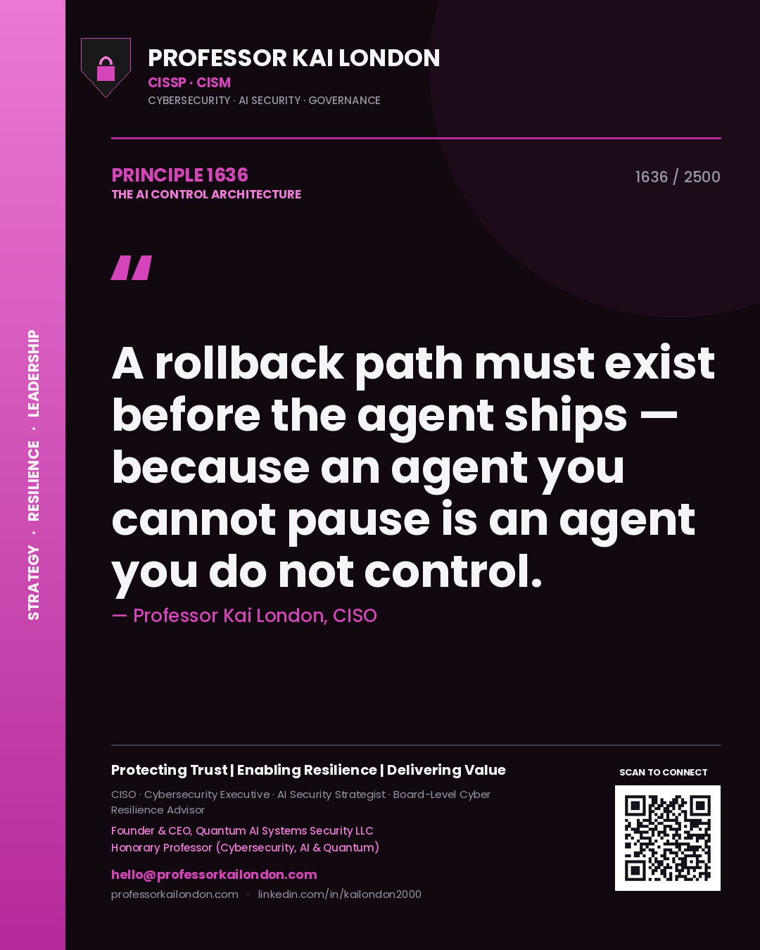Quote card by Professor Kai London reading 'A rollback path must exist before the agent ships — because an agent you cannot pause is an agent you do not control.'. From the book The AI Control Architecture.