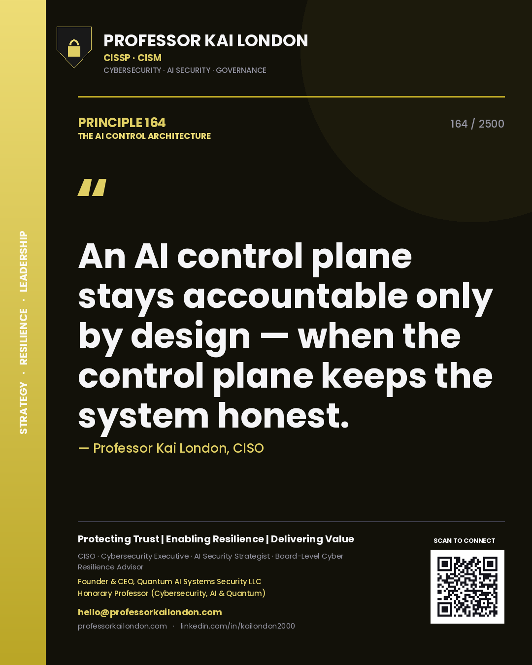 Quote card by Professor Kai London reading 'An AI control plane stays accountable only by design — when the control plane keeps the system honest.'. From the book The AI Control Architecture.
