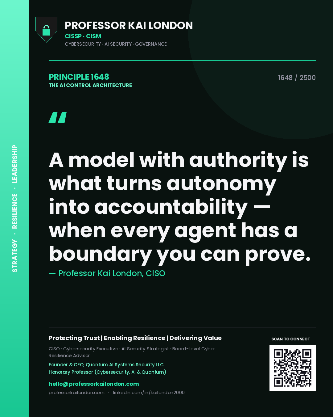 Quote card by Professor Kai London reading 'A model with authority is what turns autonomy into accountability — when every agent has a boundary you can prove.'. From the book The AI Control Architecture.