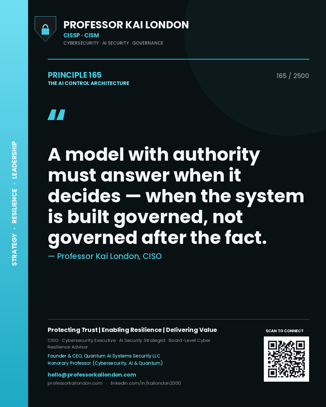 Quote card by Professor Kai London reading 'A model with authority must answer when it decides — when the system is built governed, not governed after the fact.'. From the book The AI Control Architecture.