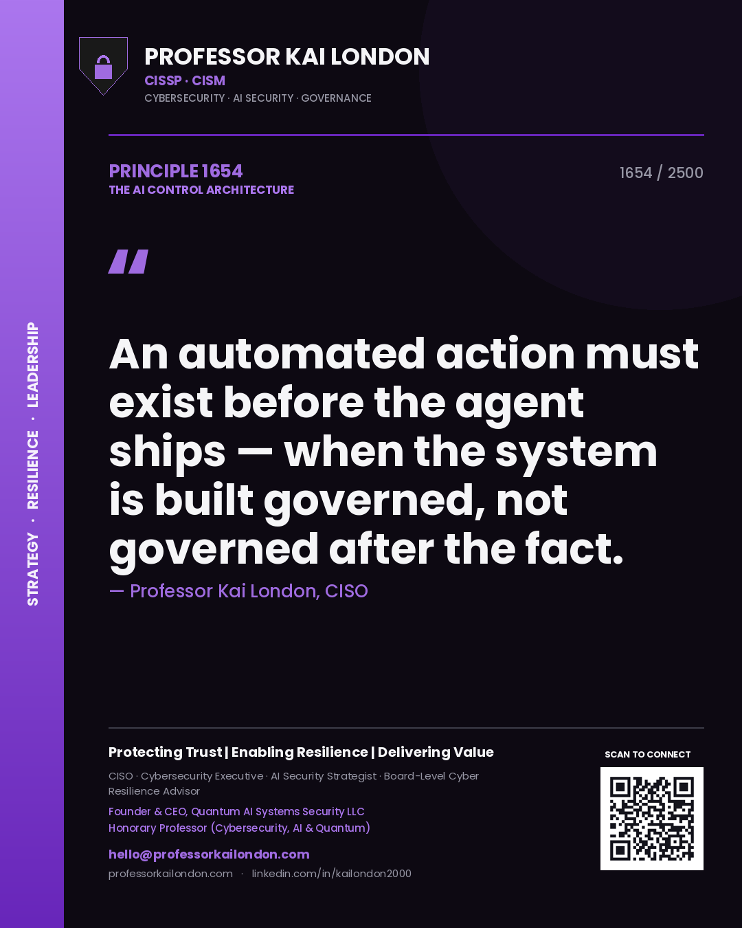 Quote card by Professor Kai London reading 'An automated action must exist before the agent ships — when the system is built governed, not governed after the fact.'. From the book The AI Control Architecture.