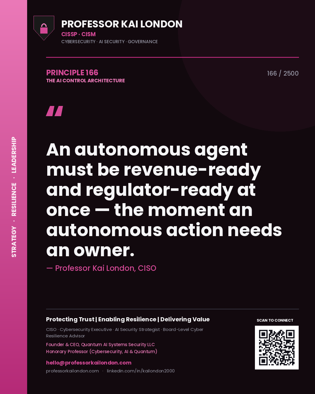 Quote card by Professor Kai London reading 'An autonomous agent must be revenue-ready and regulator-ready at once — the moment an autonomous action needs an owner.'. From the book The AI Control Architecture.