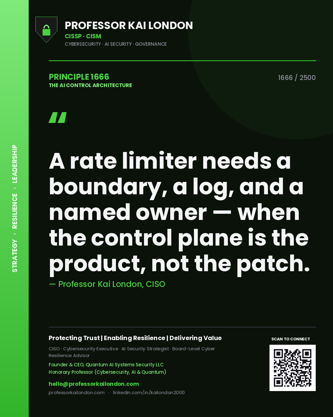 Professor Kai London principle 1666: A rate limiter needs a boundary, a log, and a named owner — when the control plane is the product, not the patch.