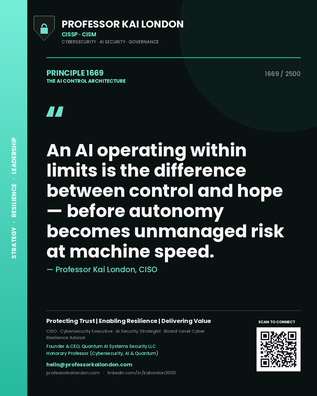 Quote card by Professor Kai London reading 'An AI operating within limits is the difference between control and hope — before autonomy becomes unmanaged risk at machine speed.'. From the book The AI Control Architecture.