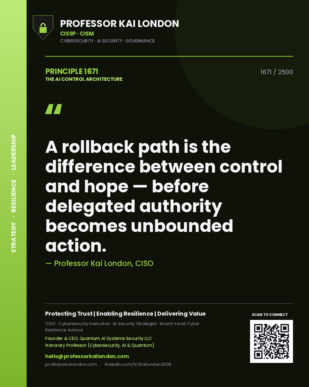 Professor Kai London principle 1671: A rollback path is the difference between control and hope — before delegated authority becomes unbounded action.
