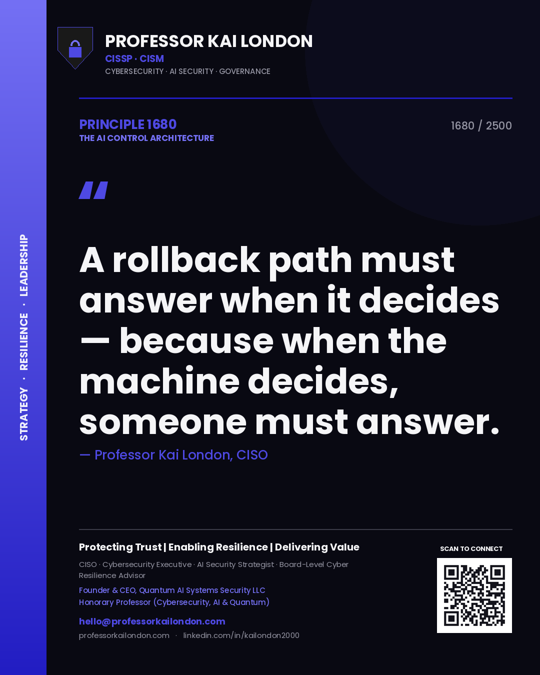 Quote card by Professor Kai London reading 'A rollback path must answer when it decides — because when the machine decides, someone must answer.'. From the book The AI Control Architecture.