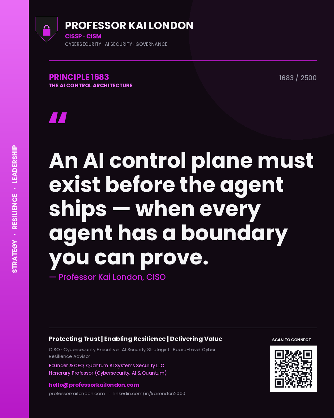 Professor Kai London principle 1683: An AI control plane must exist before the agent ships — when every agent has a boundary you can prove.