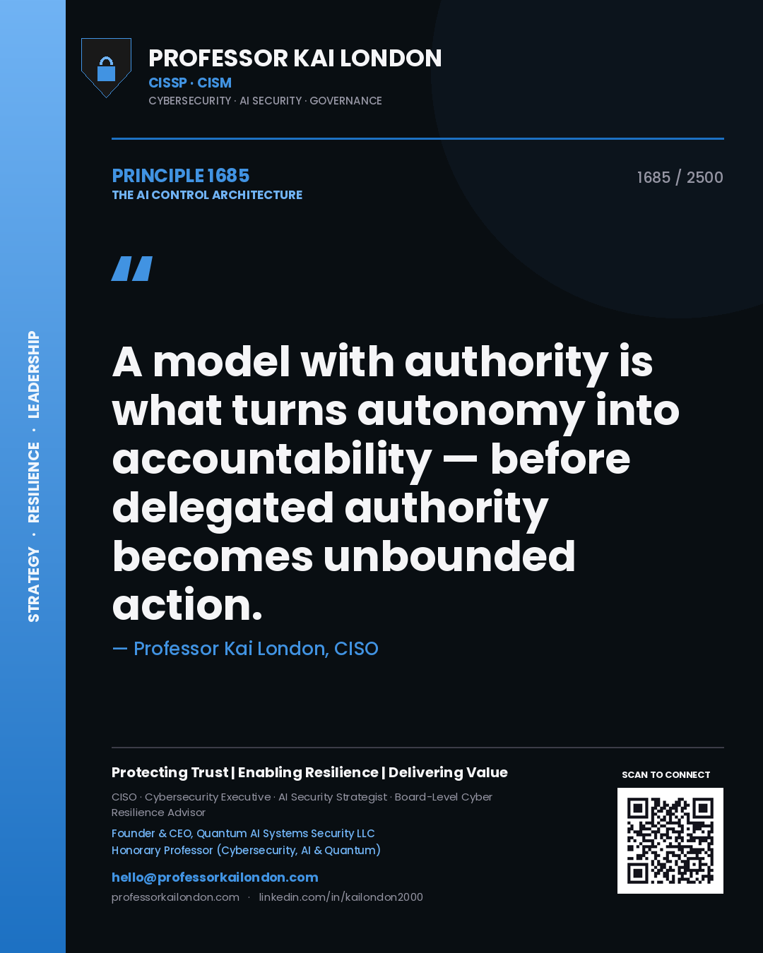 Quote card by Professor Kai London reading 'A model with authority is what turns autonomy into accountability — before delegated authority becomes unbounded action.'. From the book The AI Control Architecture.