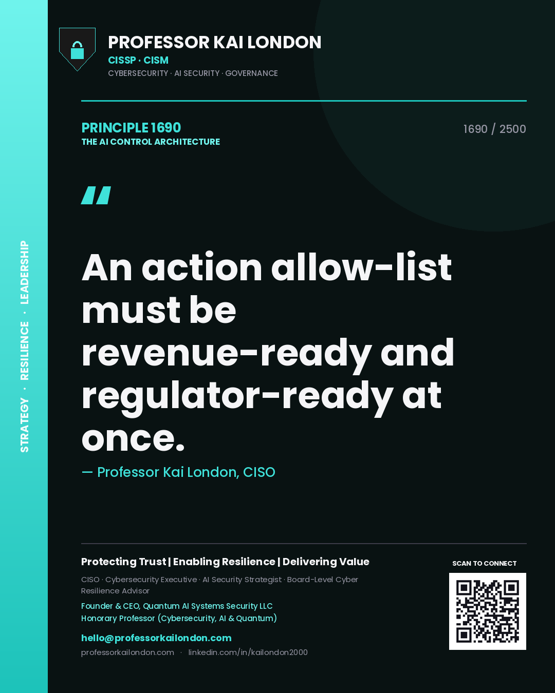 Quote card by Professor Kai London reading 'An action allow-list must be revenue-ready and regulator-ready at once.'. From the book The AI Control Architecture.