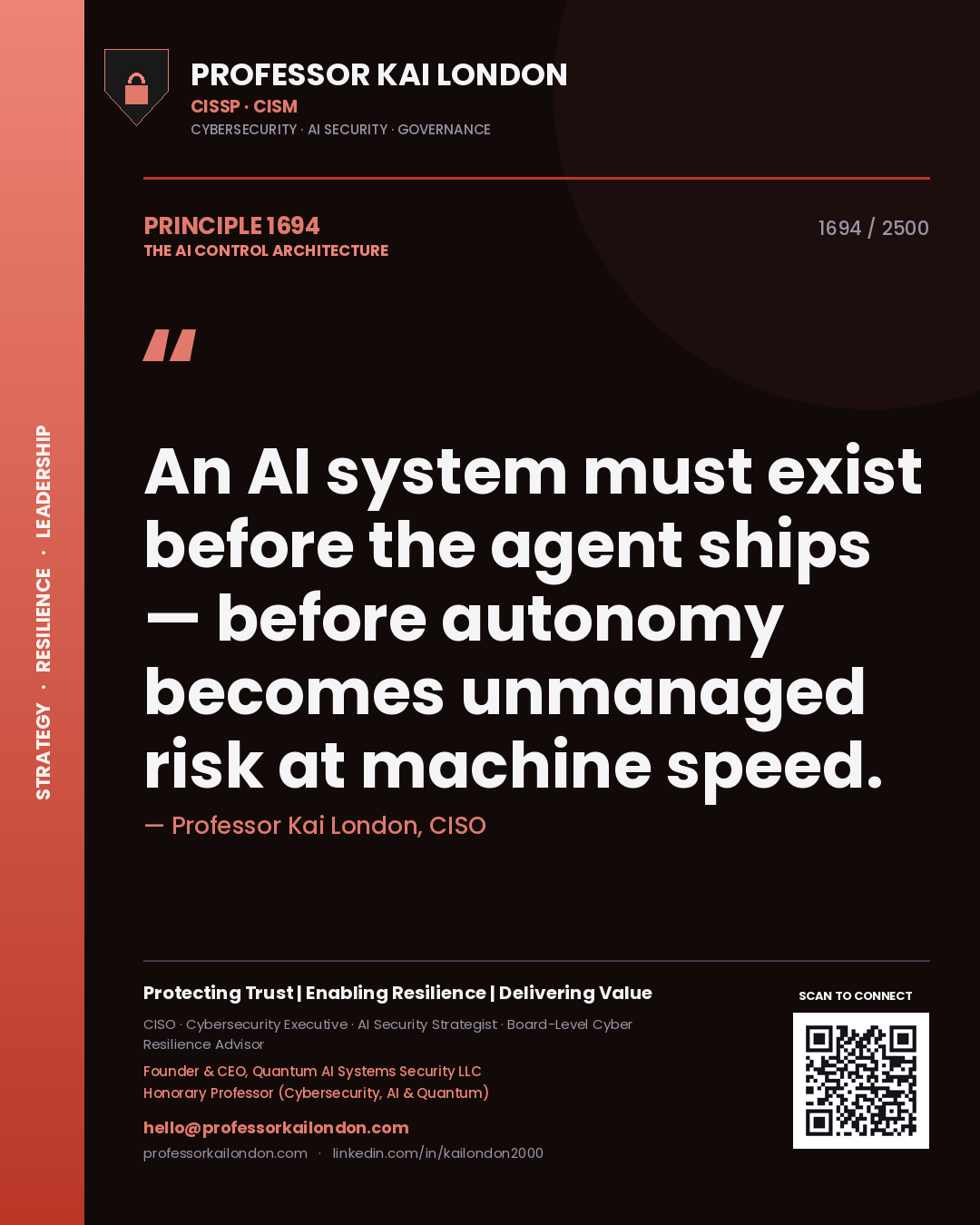 Professor Kai London principle 1694: An AI system must exist before the agent ships — before autonomy becomes unmanaged risk at machine speed.