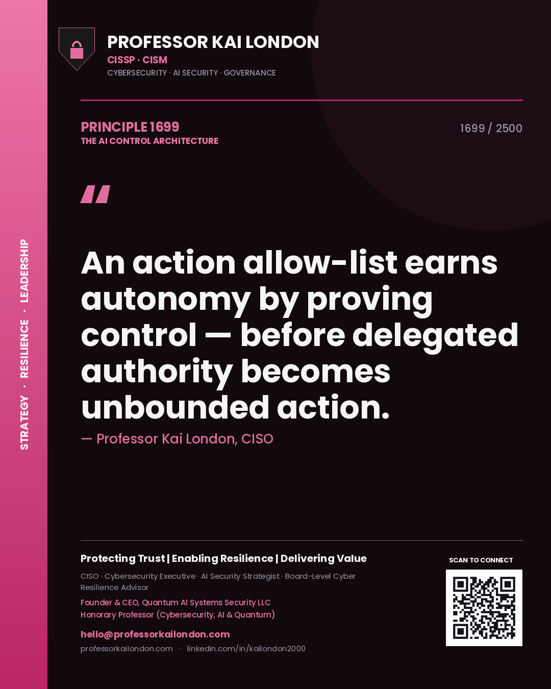 Quote card by Professor Kai London reading 'An action allow-list earns autonomy by proving control — before delegated authority becomes unbounded action.'. From the book The AI Control Architecture.
