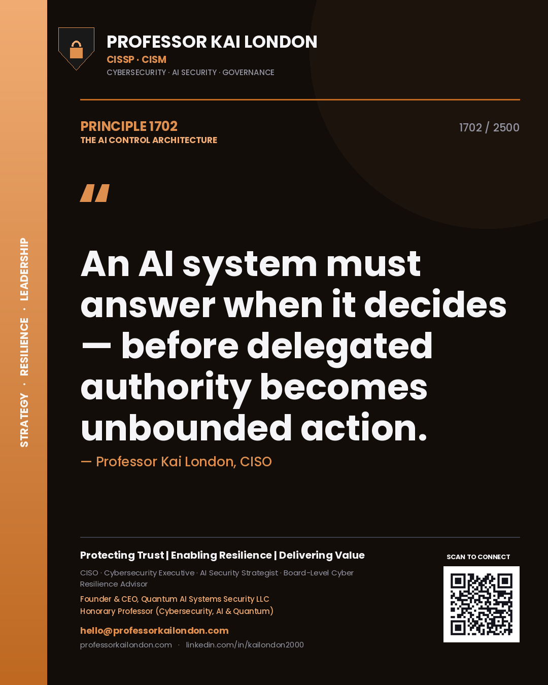 Quote card by Professor Kai London reading 'An AI system must answer when it decides — before delegated authority becomes unbounded action.'. From the book The AI Control Architecture.
