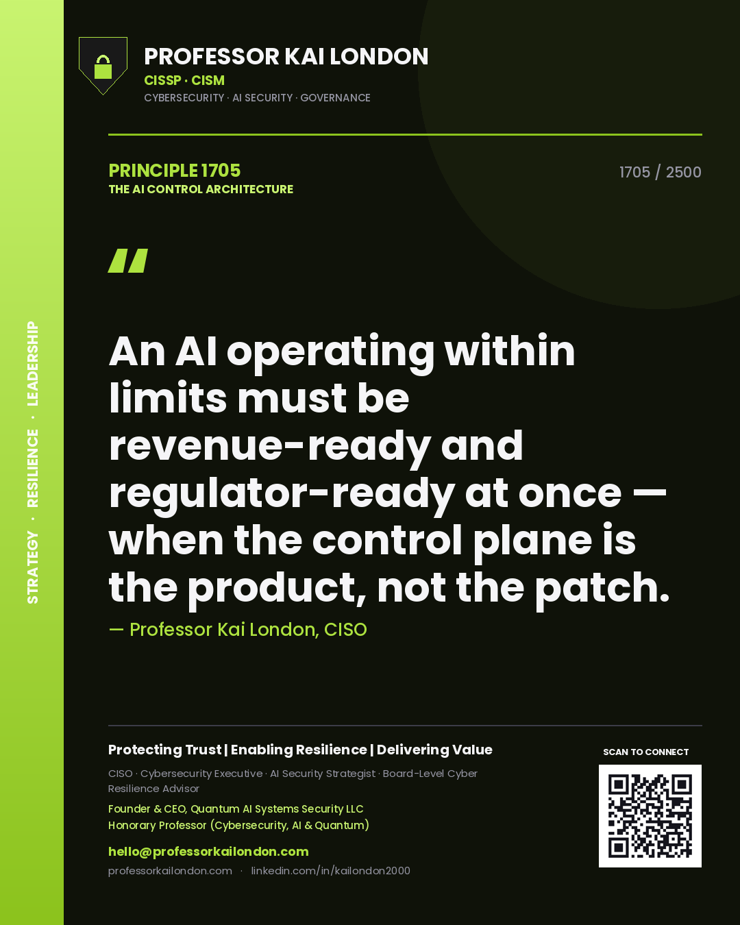 Quote card by Professor Kai London reading 'An AI operating within limits must be revenue-ready and regulator-ready at once — when the control plane is the product, not the patch.'. From the book The AI Control Architecture.