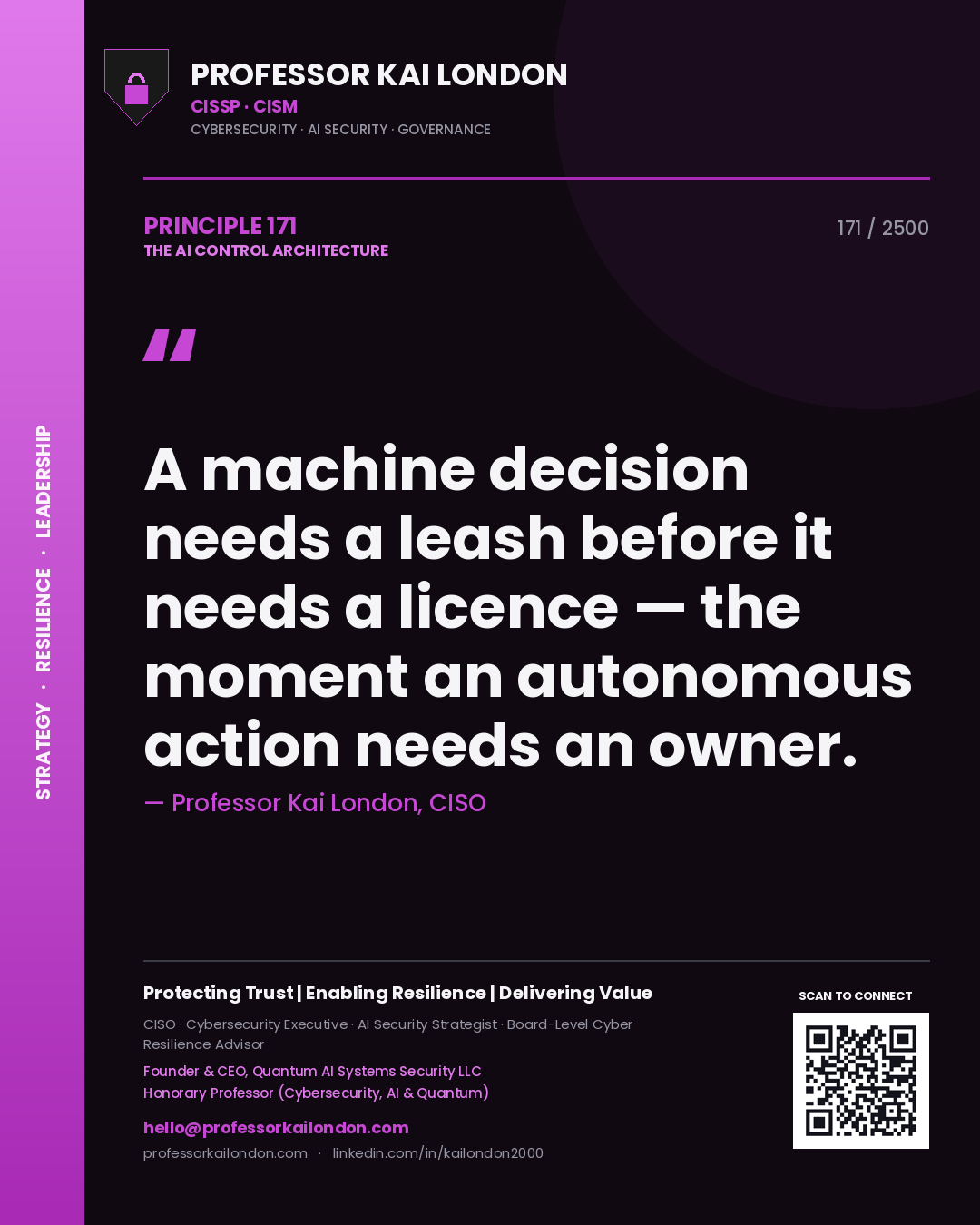 Quote card by Professor Kai London reading 'A machine decision needs a leash before it needs a licence — the moment an autonomous action needs an owner.'. From the book The AI Control Architecture.