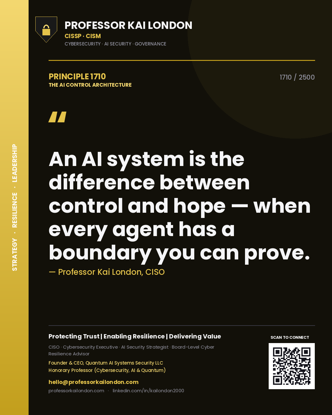 Quote card by Professor Kai London reading 'An AI system is the difference between control and hope — when every agent has a boundary you can prove.'. From the book The AI Control Architecture.
