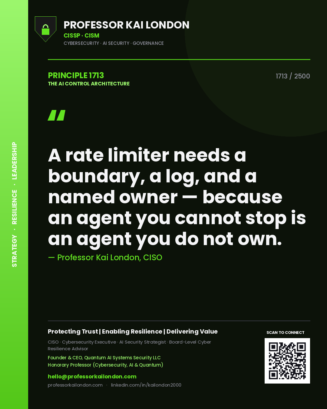 Quote card by Professor Kai London reading 'A rate limiter needs a boundary, a log, and a named owner — because an agent you cannot stop is an agent you do not own.'. From the book The AI Control Architecture.