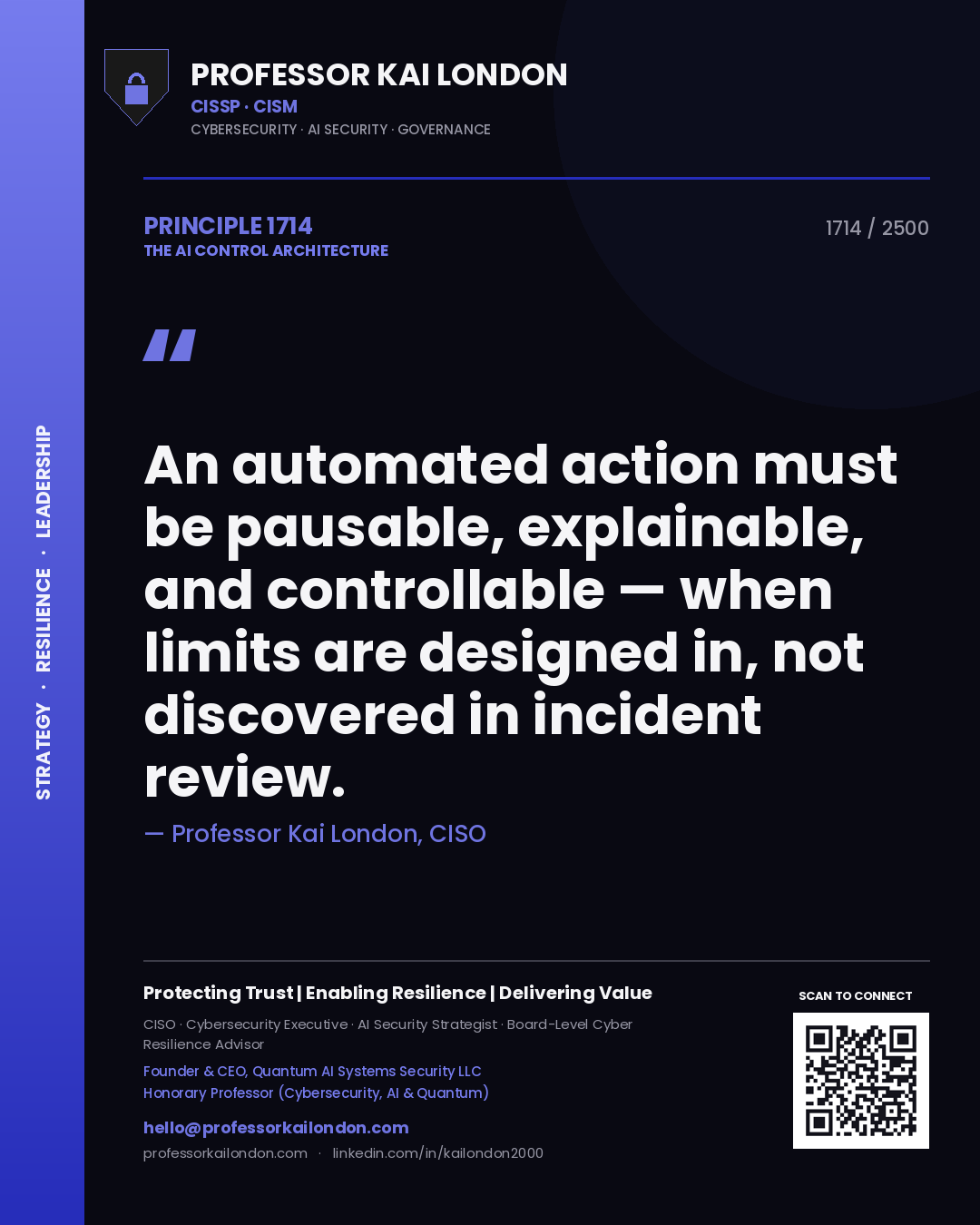 Professor Kai London principle 1714: An automated action must be pausable, explainable, and controllable — when limits are designed in, not discovered in incident review.