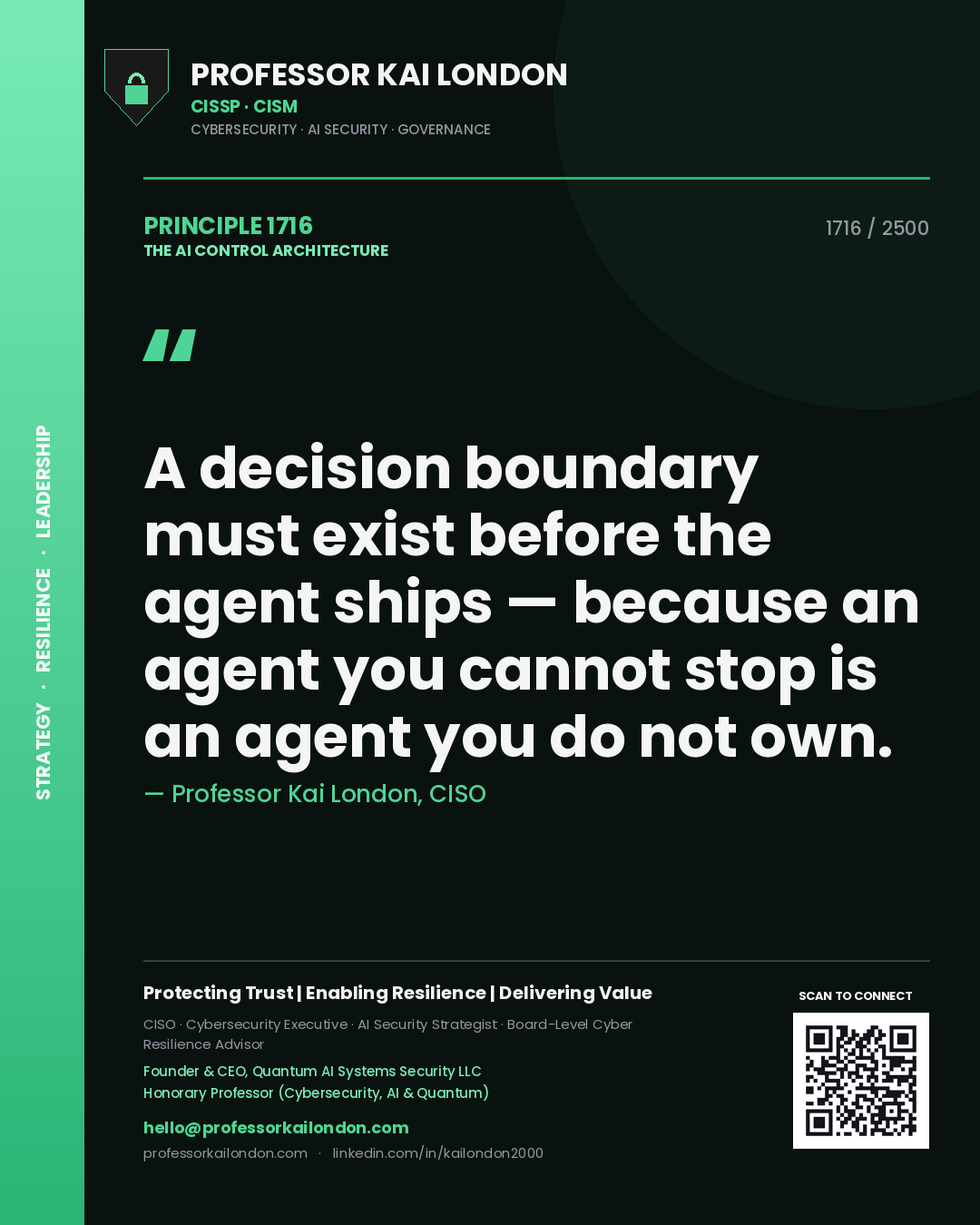 Quote card by Professor Kai London reading 'A decision boundary must exist before the agent ships — because an agent you cannot stop is an agent you do not own.'. From the book The AI Control Architecture.