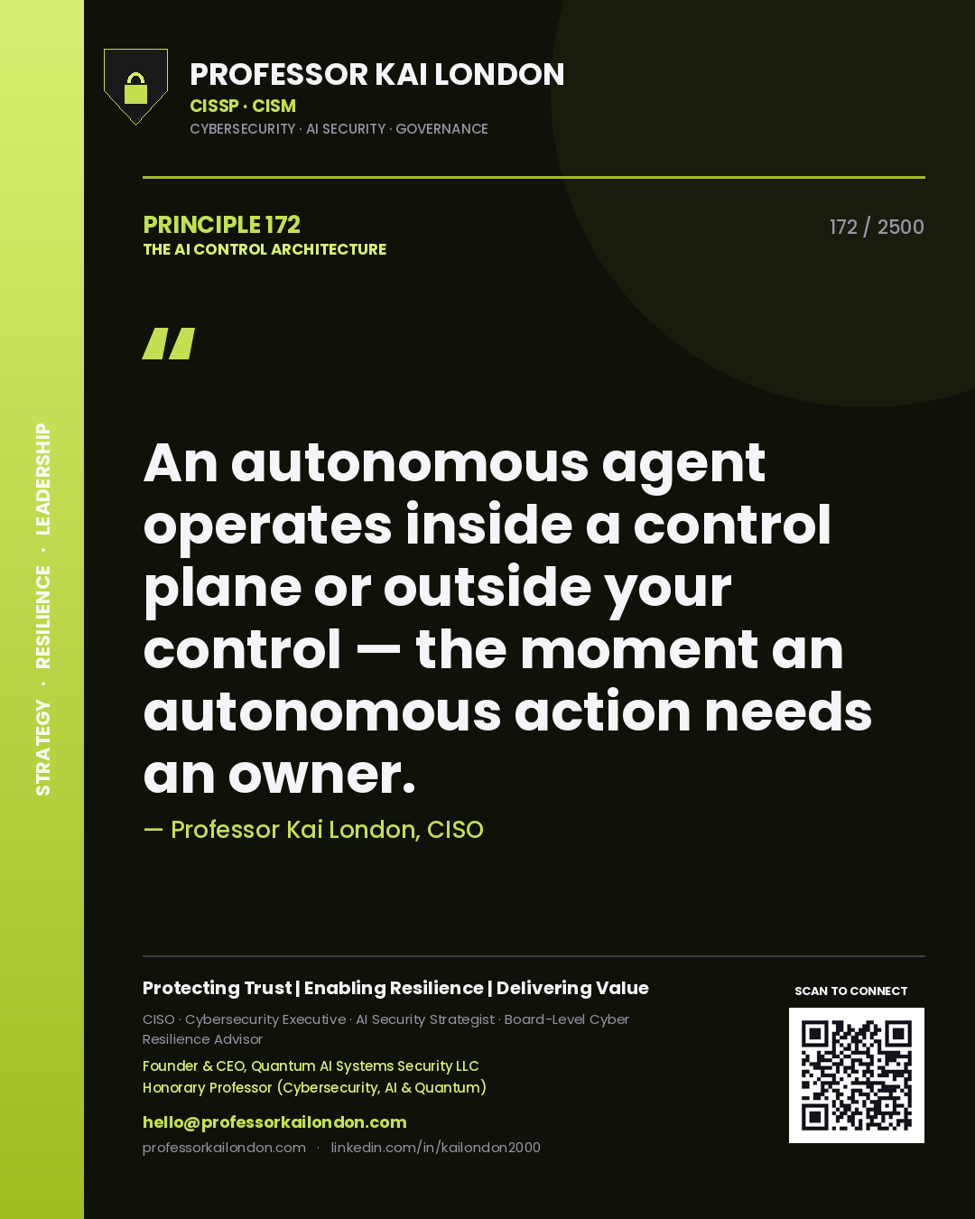 Quote card by Professor Kai London reading 'An autonomous agent operates inside a control plane or outside your control — the moment an autonomous action needs an owner.'. From the book The AI Control Architecture.