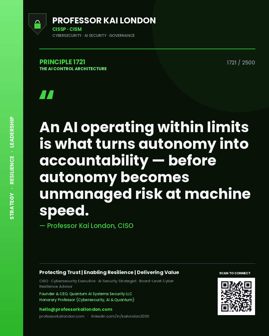 Professor Kai London principle 1721: An AI operating within limits is what turns autonomy into accountability — before autonomy becomes unmanaged risk at machine speed.