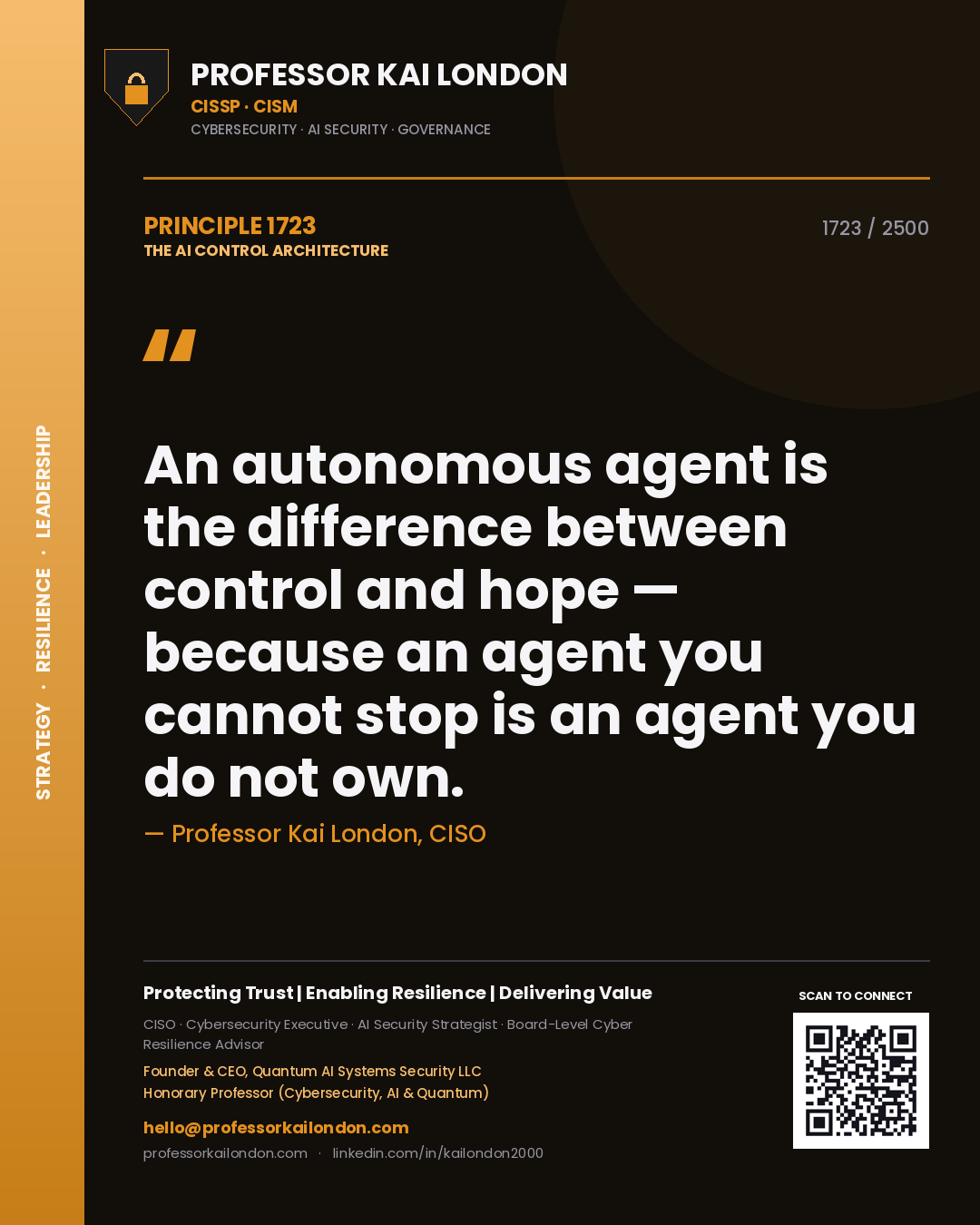 Quote card by Professor Kai London reading 'An autonomous agent is the difference between control and hope — because an agent you cannot stop is an agent you do not own.'. From the book The AI Control Architecture.
