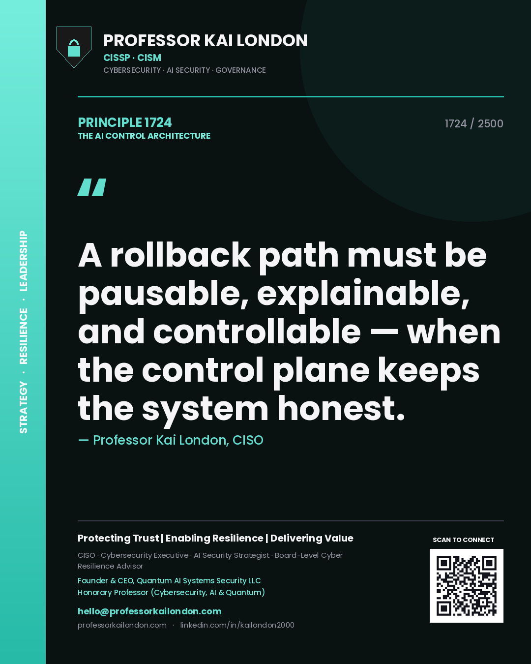 Quote card by Professor Kai London reading 'A rollback path must be pausable, explainable, and controllable — when the control plane keeps the system honest.'. From the book The AI Control Architecture.