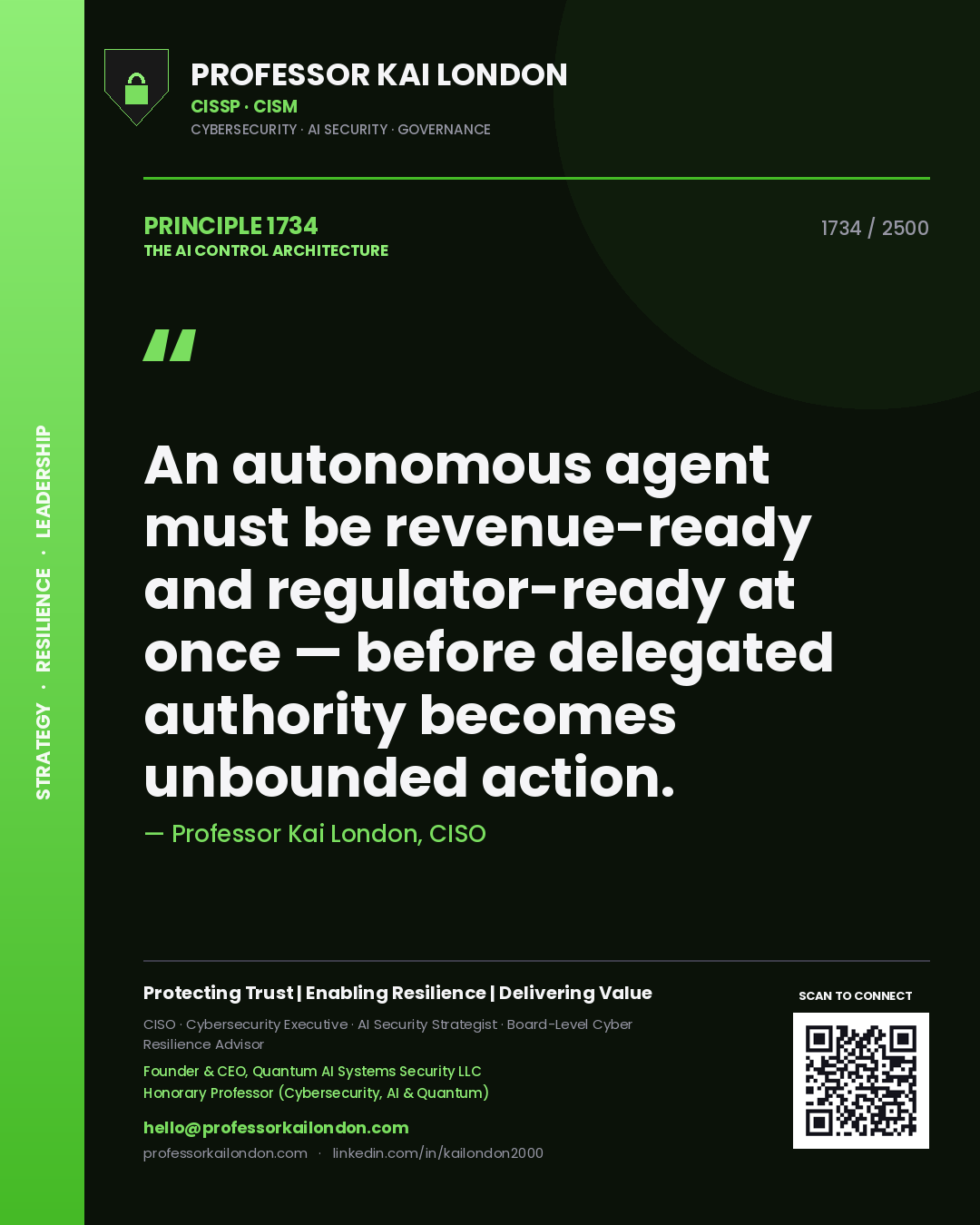 Professor Kai London principle 1734: An autonomous agent must be revenue-ready and regulator-ready at once — before delegated authority becomes unbounded action.
