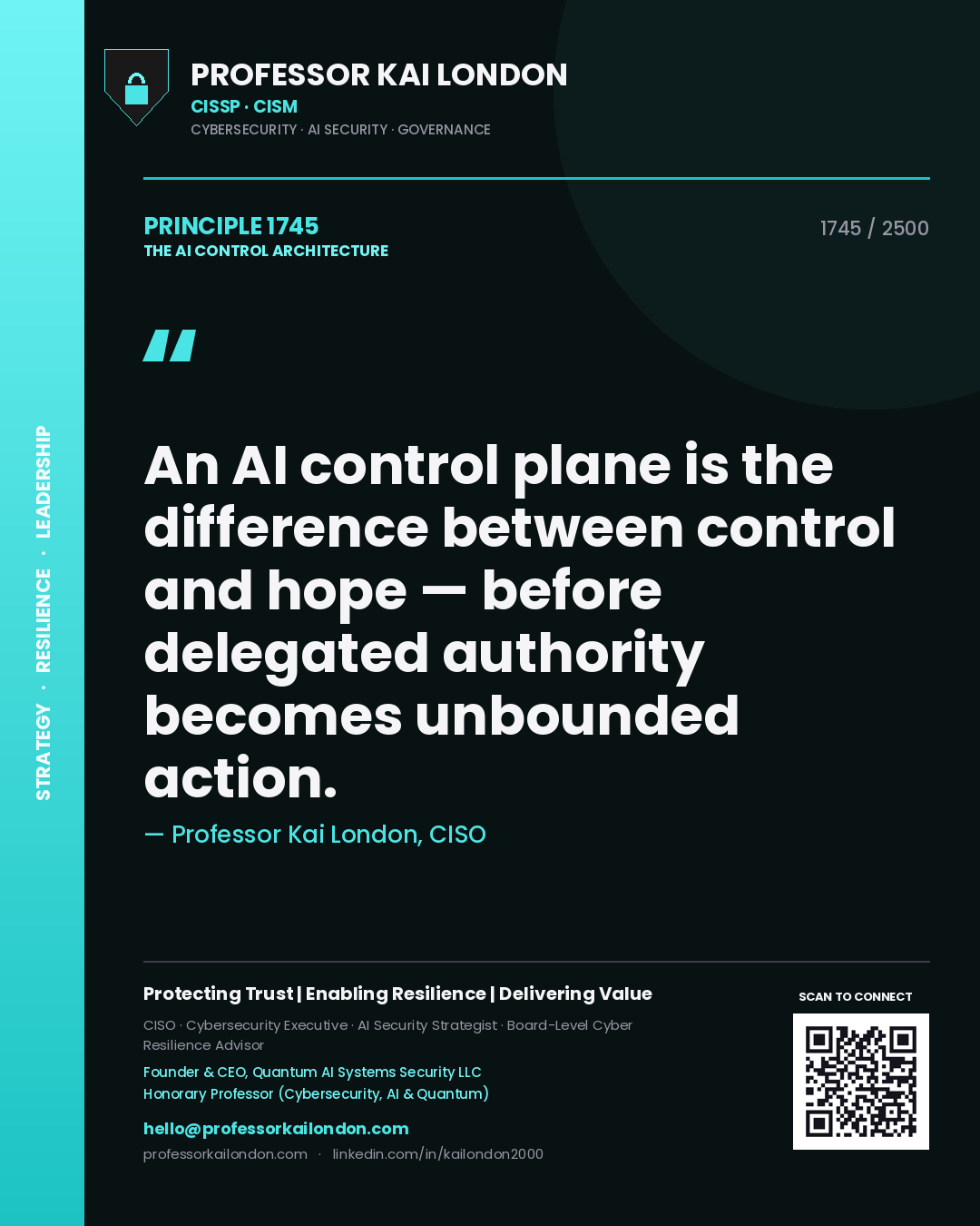 Quote card by Professor Kai London reading 'An AI control plane is the difference between control and hope — before delegated authority becomes unbounded action.'. From the book The AI Control Architecture.