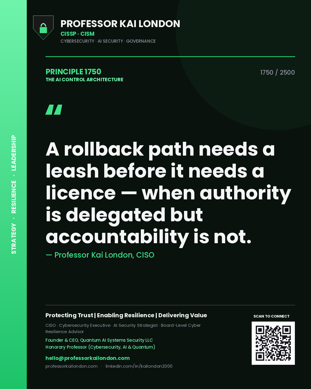 Quote card by Professor Kai London reading 'A rollback path needs a leash before it needs a licence — when authority is delegated but accountability is not.'. From the book The AI Control Architecture.
