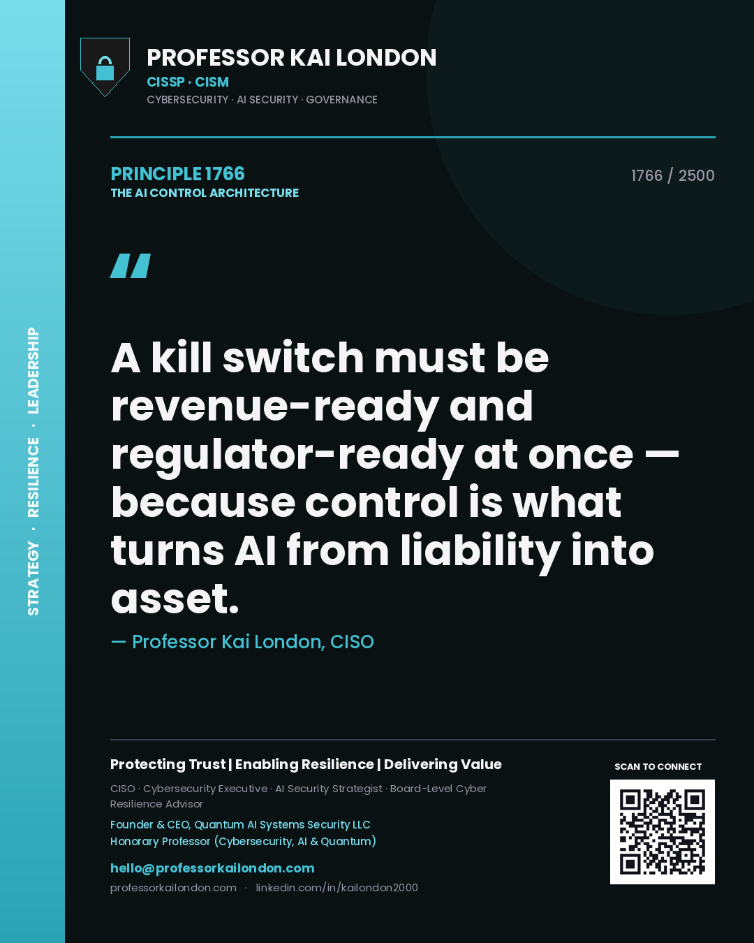 Quote card by Professor Kai London reading 'A kill switch must be revenue-ready and regulator-ready at once — because control is what turns AI from liability into asset.'. From the book The AI Control Architecture.