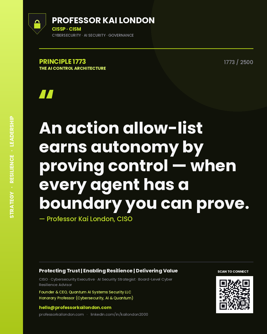 Quote card by Professor Kai London reading 'An action allow-list earns autonomy by proving control — when every agent has a boundary you can prove.'. From the book The AI Control Architecture.