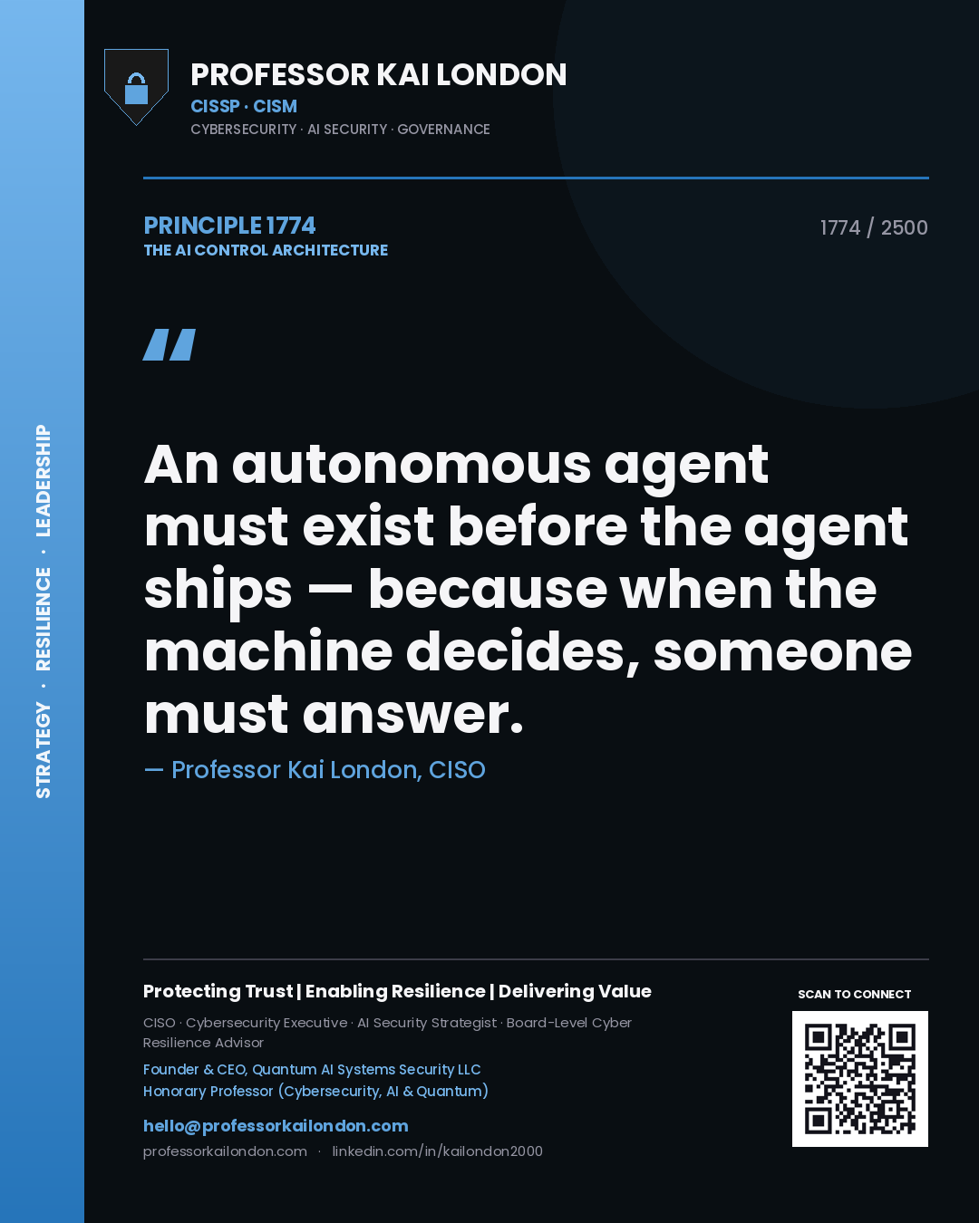Professor Kai London principle 1774: An autonomous agent must exist before the agent ships — because when the machine decides, someone must answer.