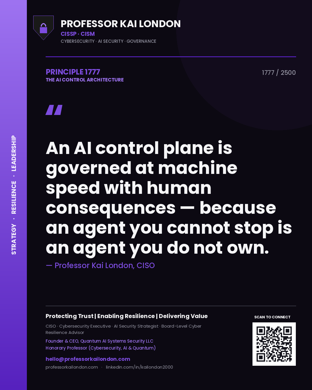 Quote card by Professor Kai London reading 'An AI control plane is governed at machine speed with human consequences — because an agent you cannot stop is an agent you do not own.'. From the book The AI Control Architecture.