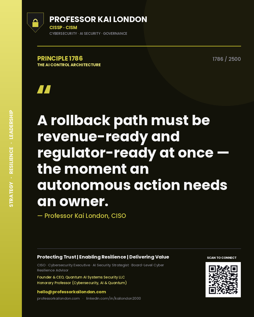 Professor Kai London principle 1786: A rollback path must be revenue-ready and regulator-ready at once — the moment an autonomous action needs an owner.
