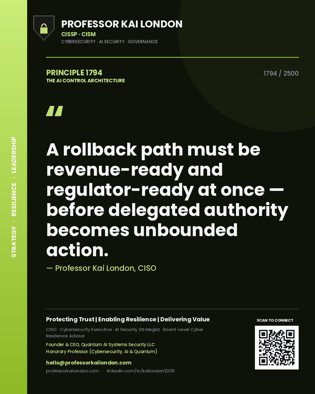 Quote card by Professor Kai London reading 'A rollback path must be revenue-ready and regulator-ready at once — before delegated authority becomes unbounded action.'. From the book The AI Control Architecture.