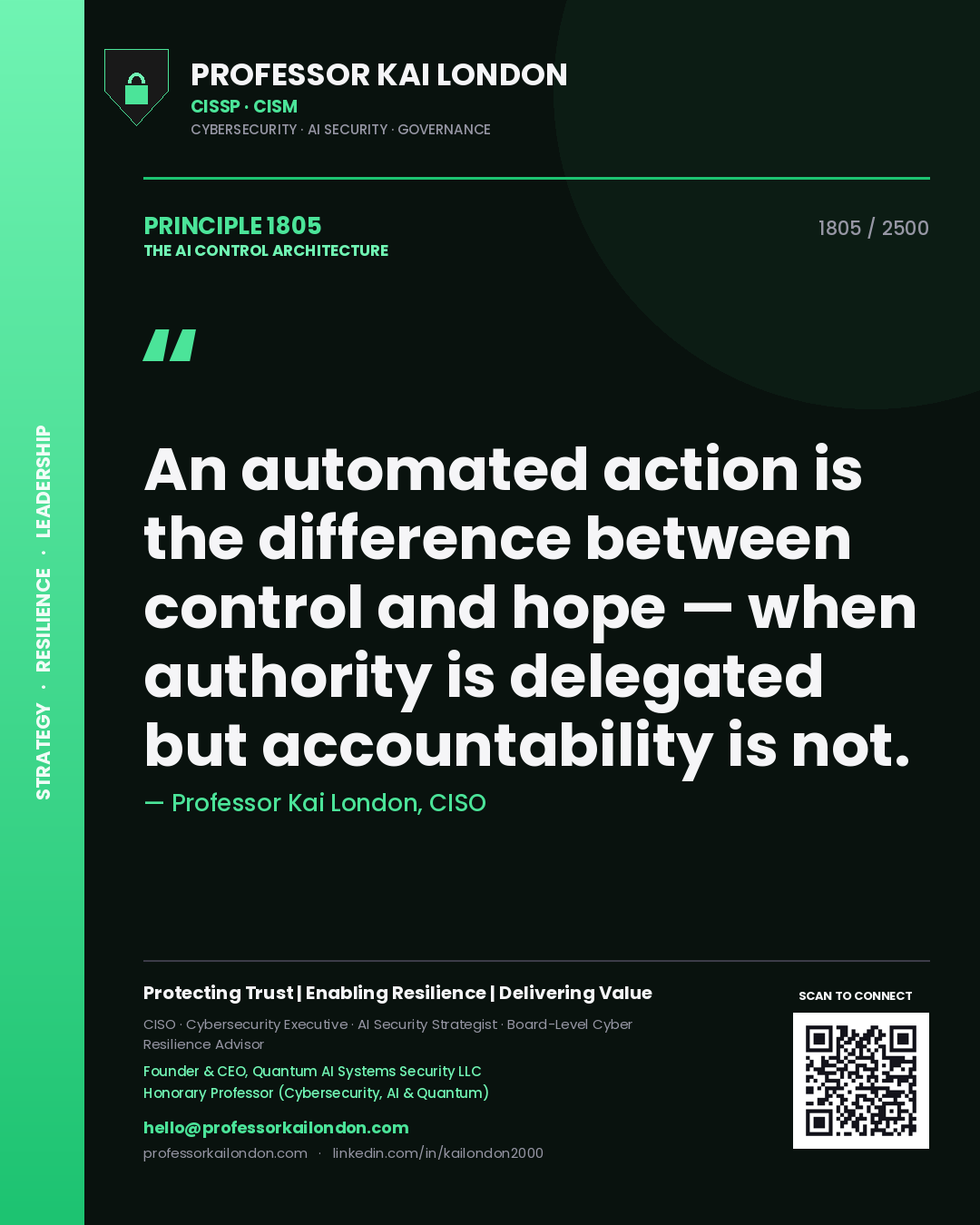 Professor Kai London principle 1805: An automated action is the difference between control and hope — when authority is delegated but accountability is not.
